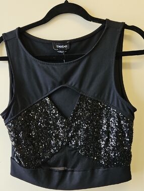 bebe Black Sequin Sleeveless Crop Top with Keyhole Sz Large